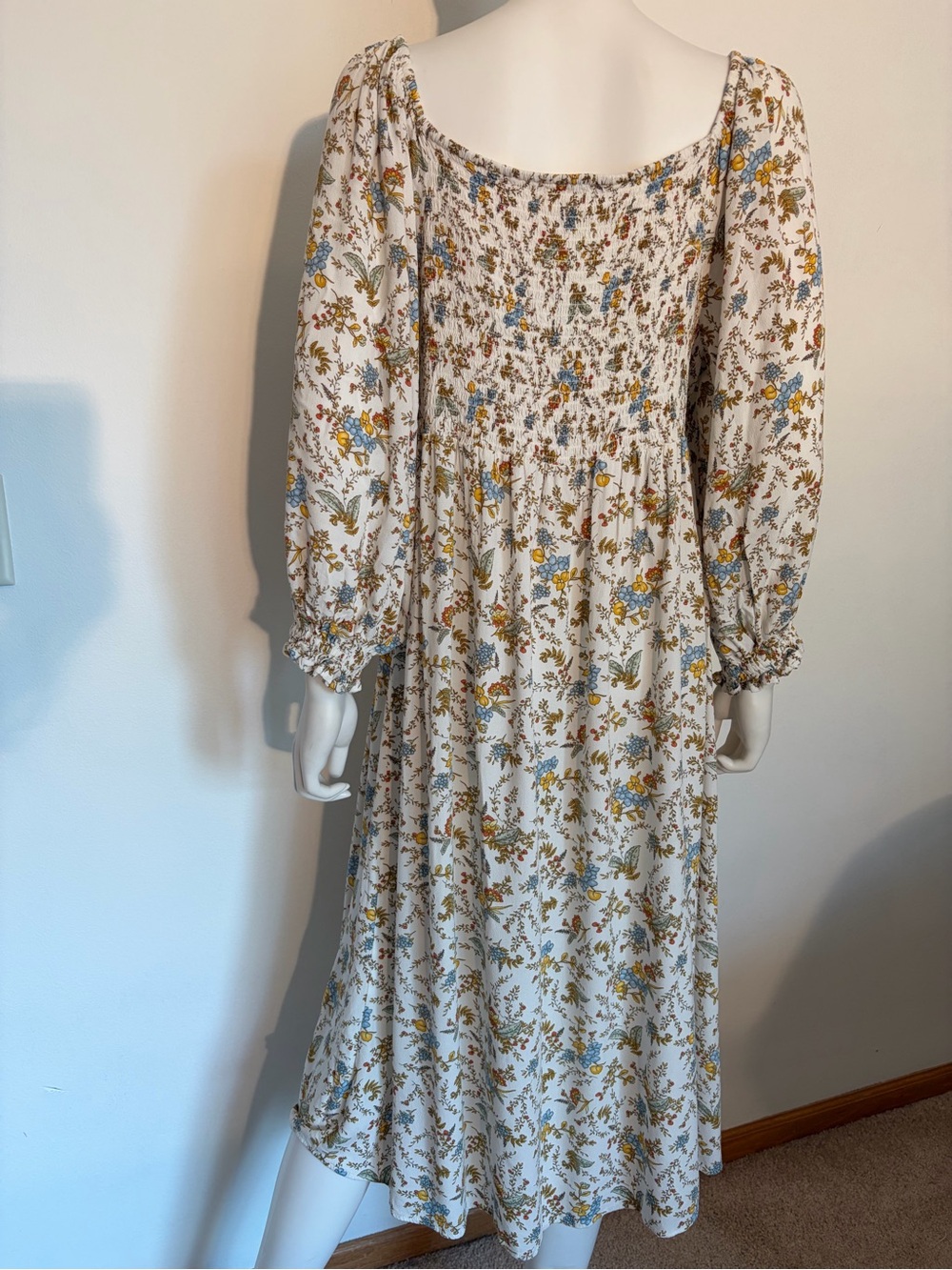 #875 a.n.a BoHo White Floral Smocked Maxi Dress with Blue and Yellow Blossoms - Picture 7 of 11